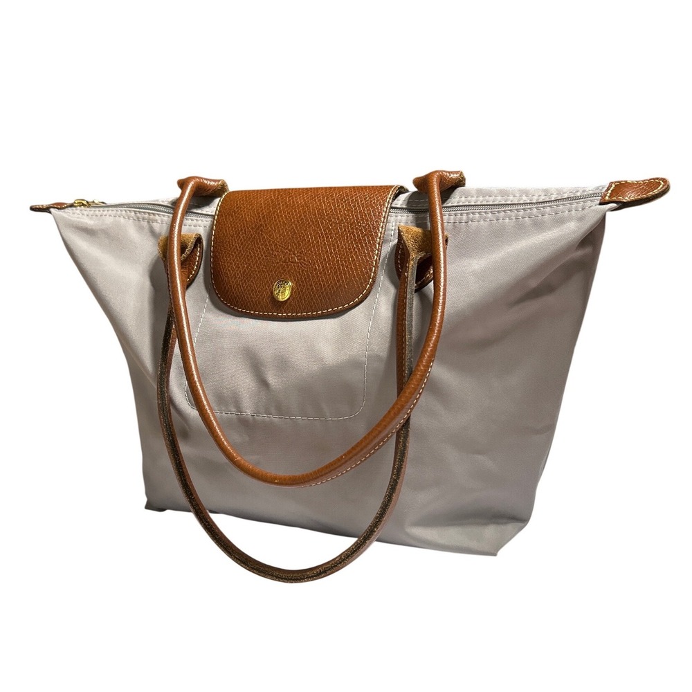Longchamp Le Pliage Shoulder Tote Bag Gray Nylon Brown Leather Trim